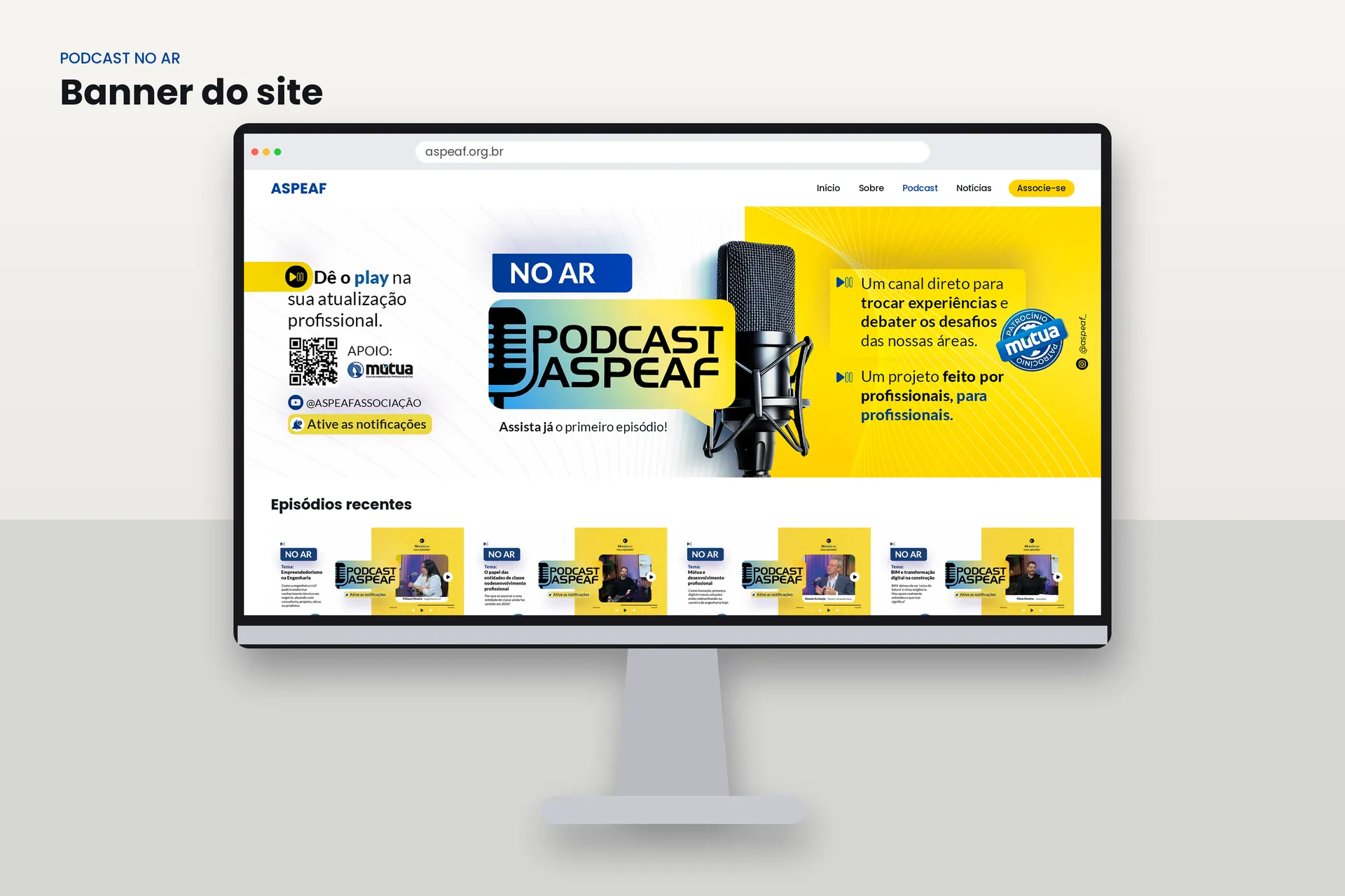 Banner do site com o podcast no ar e os episódios recentes
