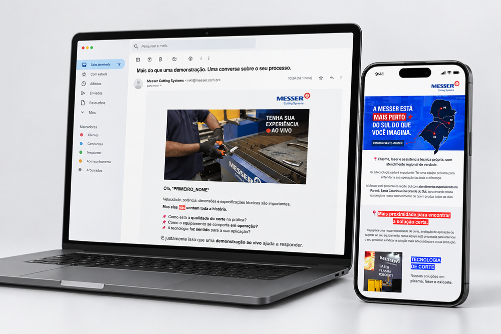 E-mail marketing da Messer em computador e celular