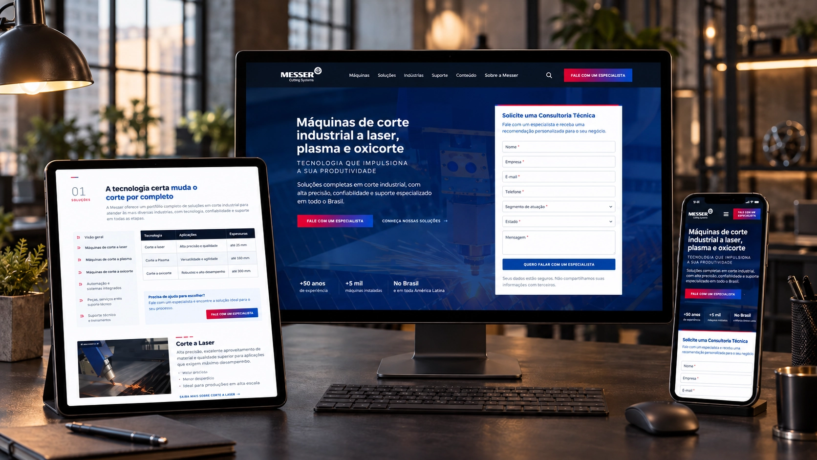 Landing page da Messer Cutting Systems criada pela Ei., em monitor, tablet e celular