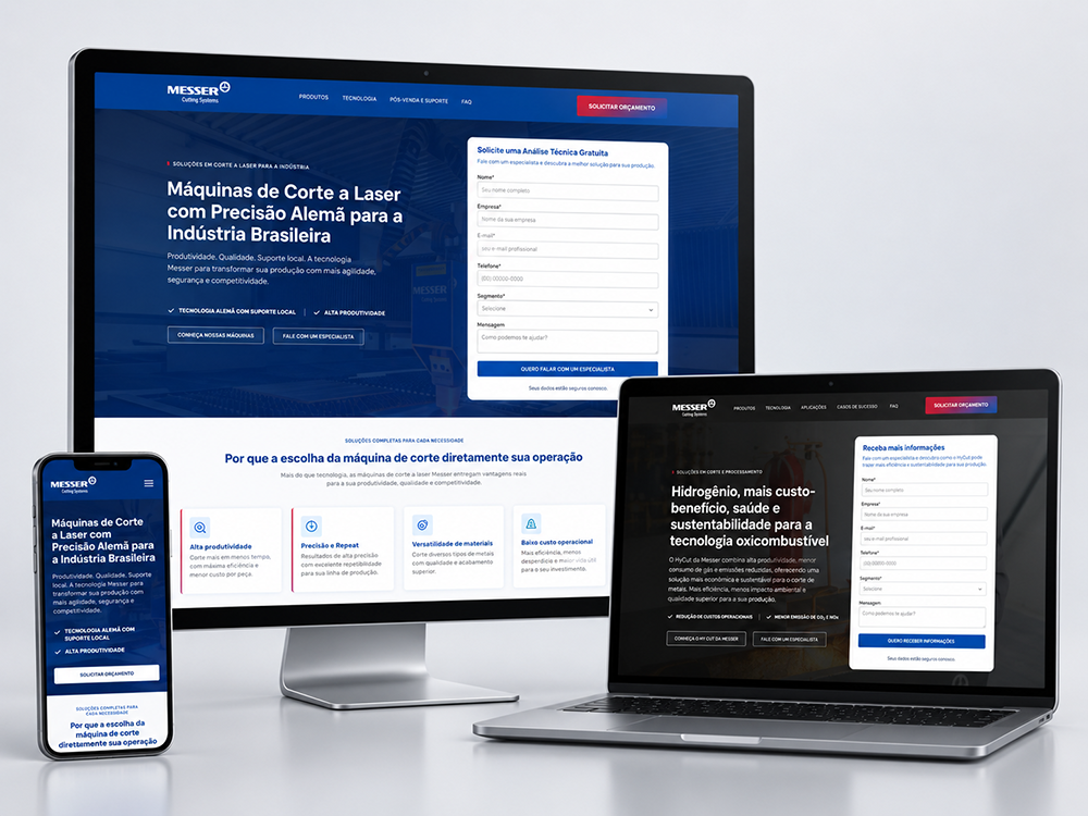 Landing pages de Laser e de Hycut da Messer em monitor, notebook e celular