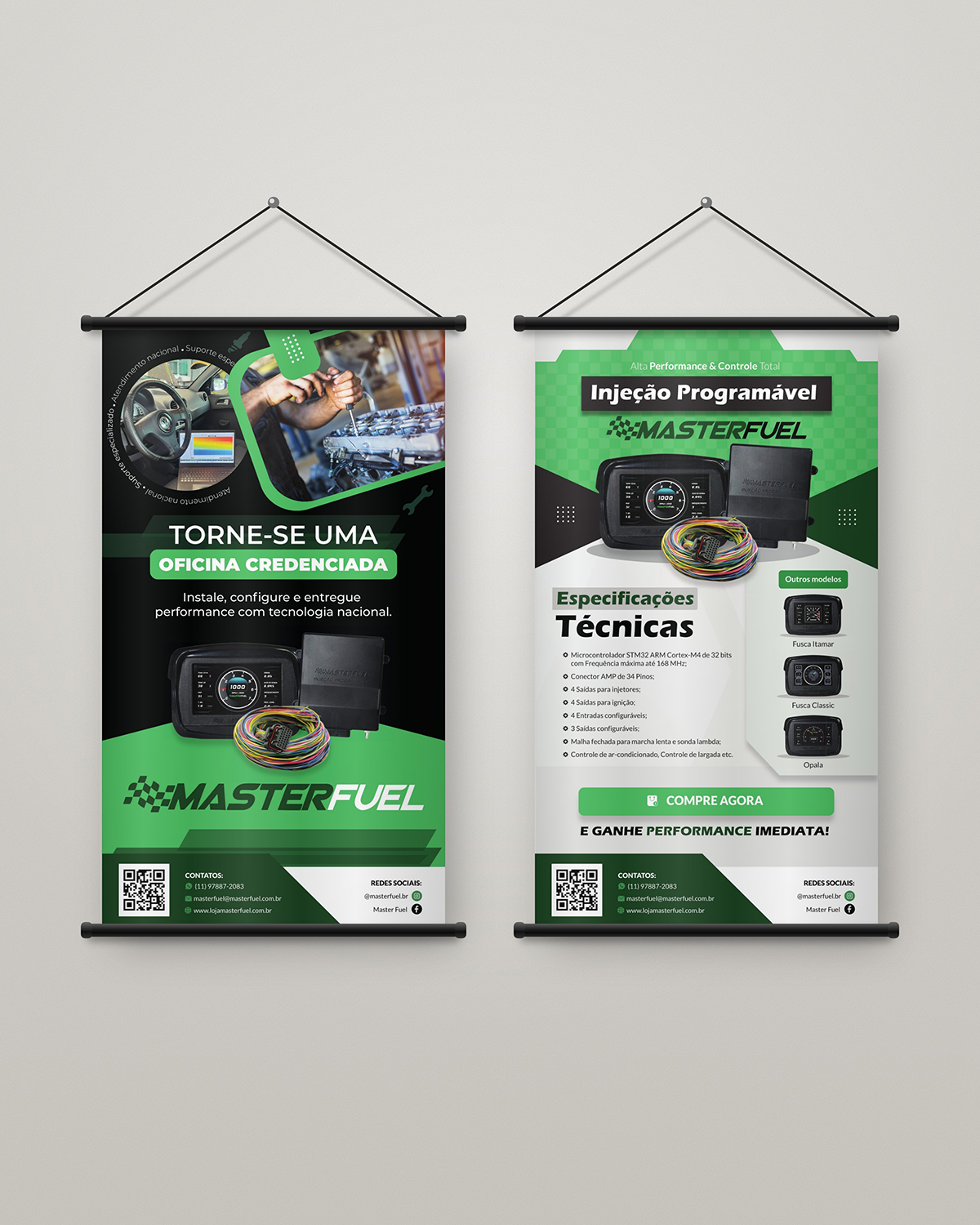 Os dois banners da MasterFuel lado a lado: oficina credenciada e injeção programável