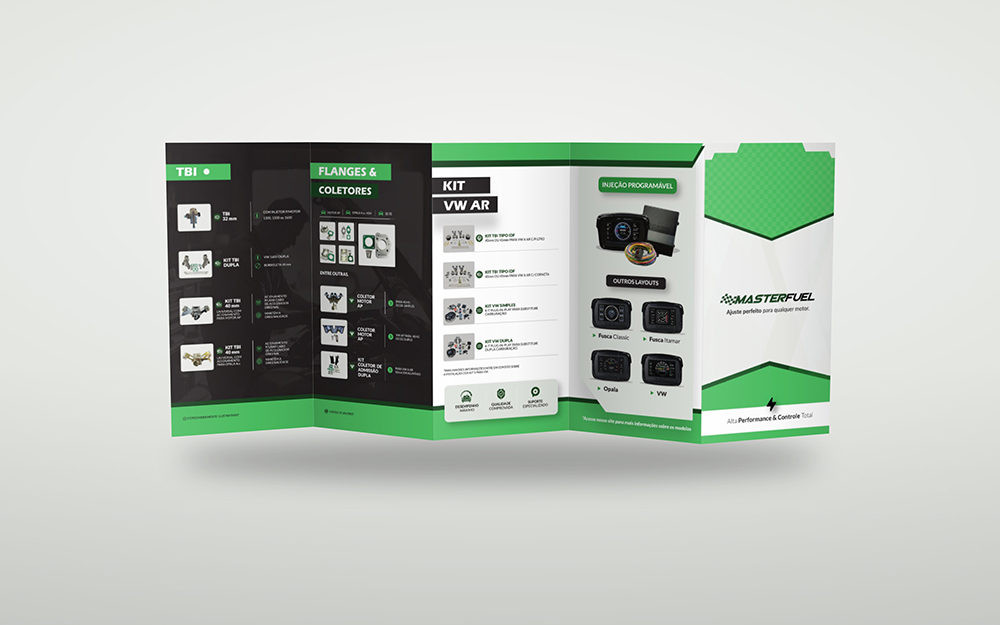 Folder MasterFuel aberto: TBI, flanges e coletores, kit VW a ar e injeção programável