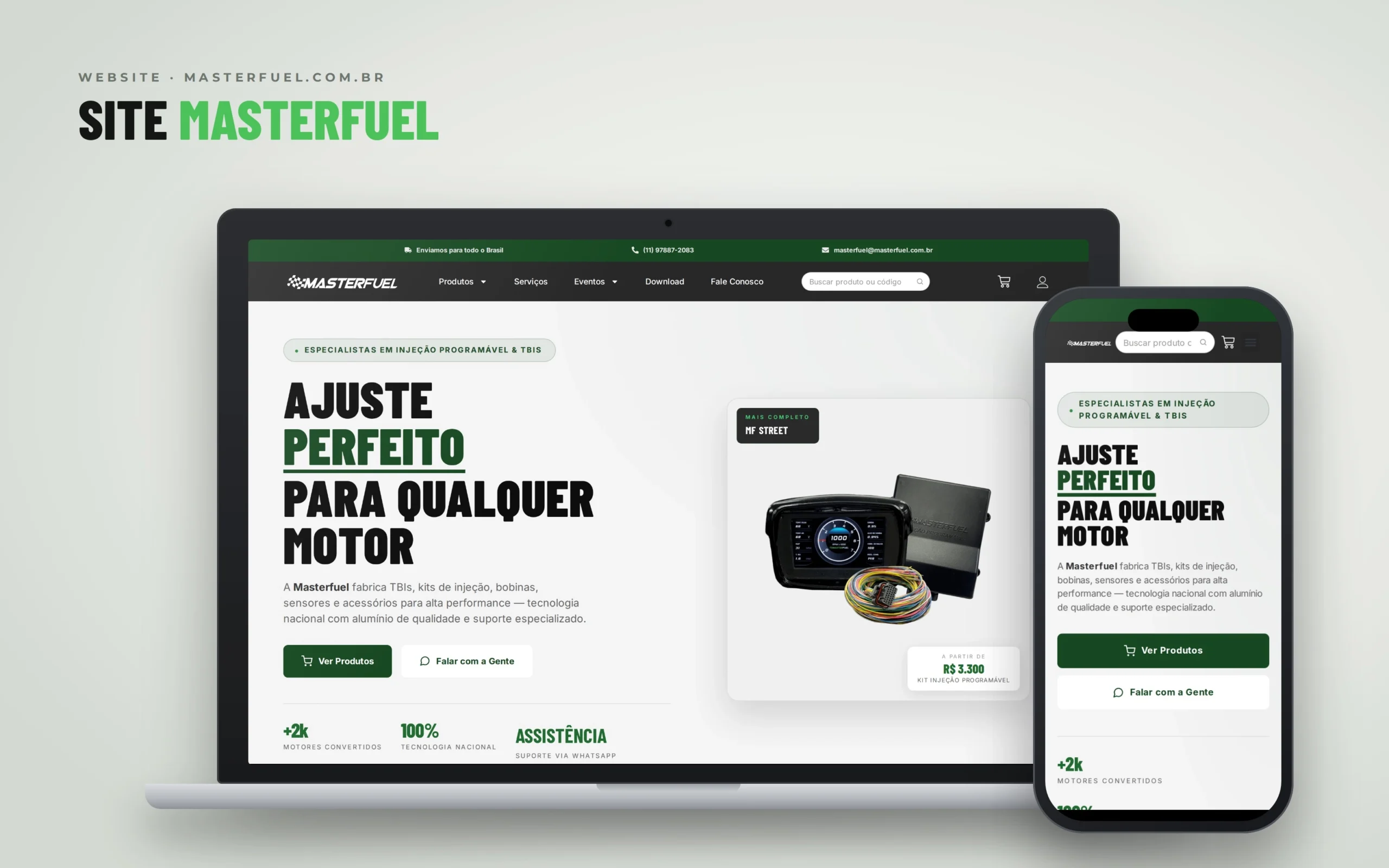 Site da MasterFuel em notebook e celular, com a chamada Ajuste perfeito para qualquer motor