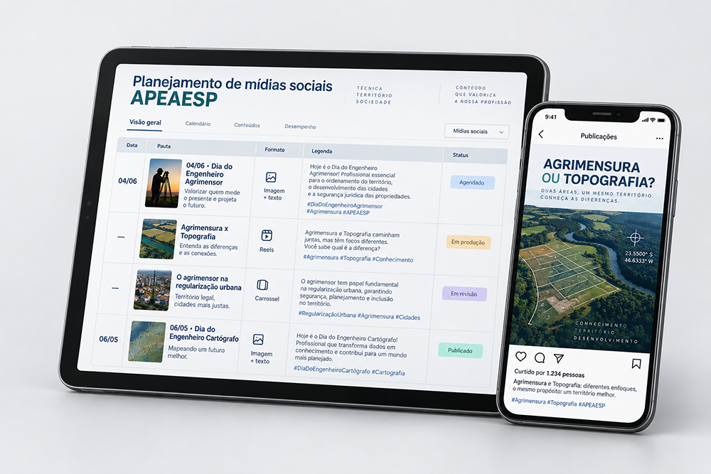 Planejamento de mídias sociais da APEAESP em tablet e celular