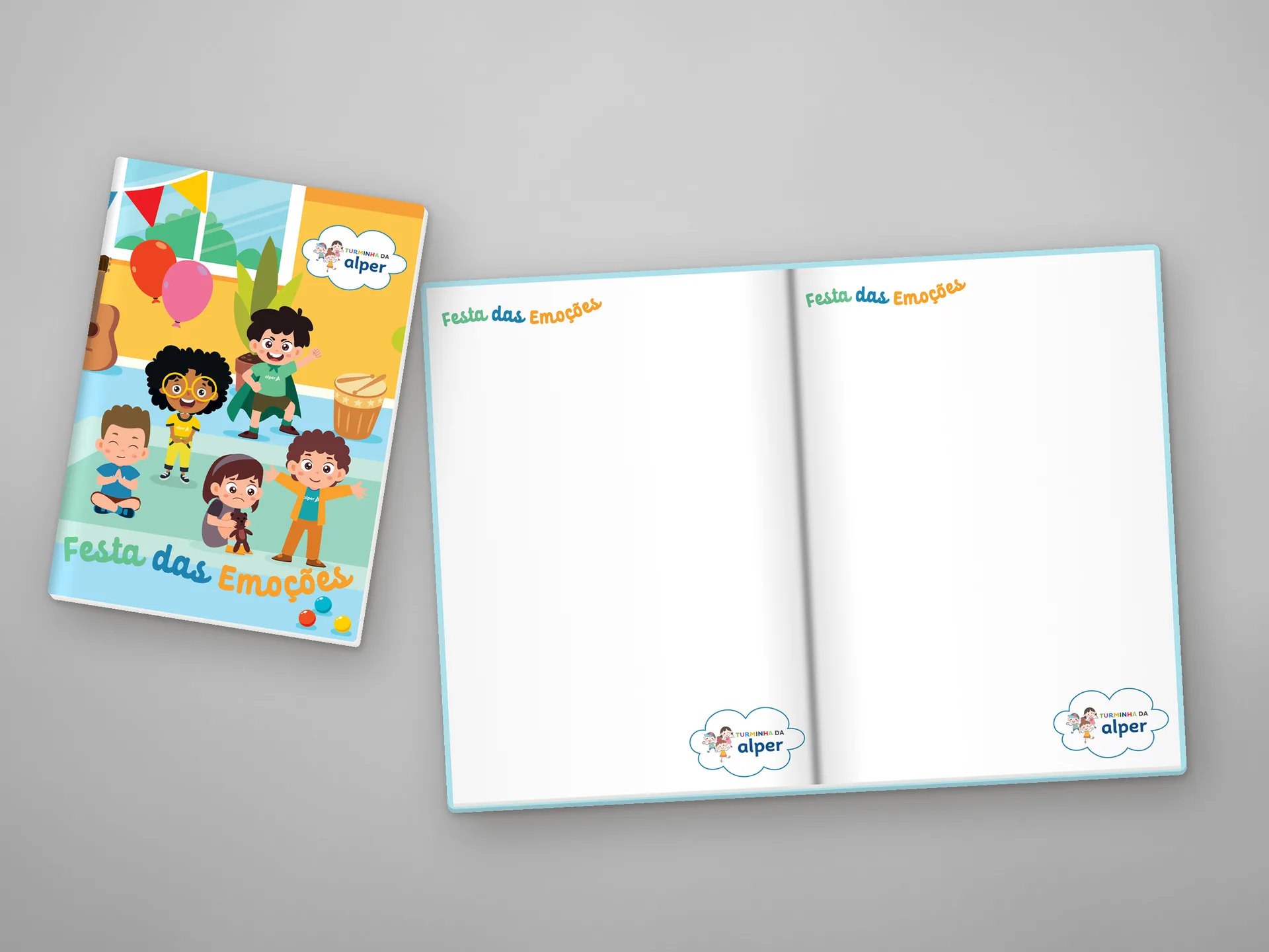 Caderno da Festa das Emoções aberto, com o miolo pautado
