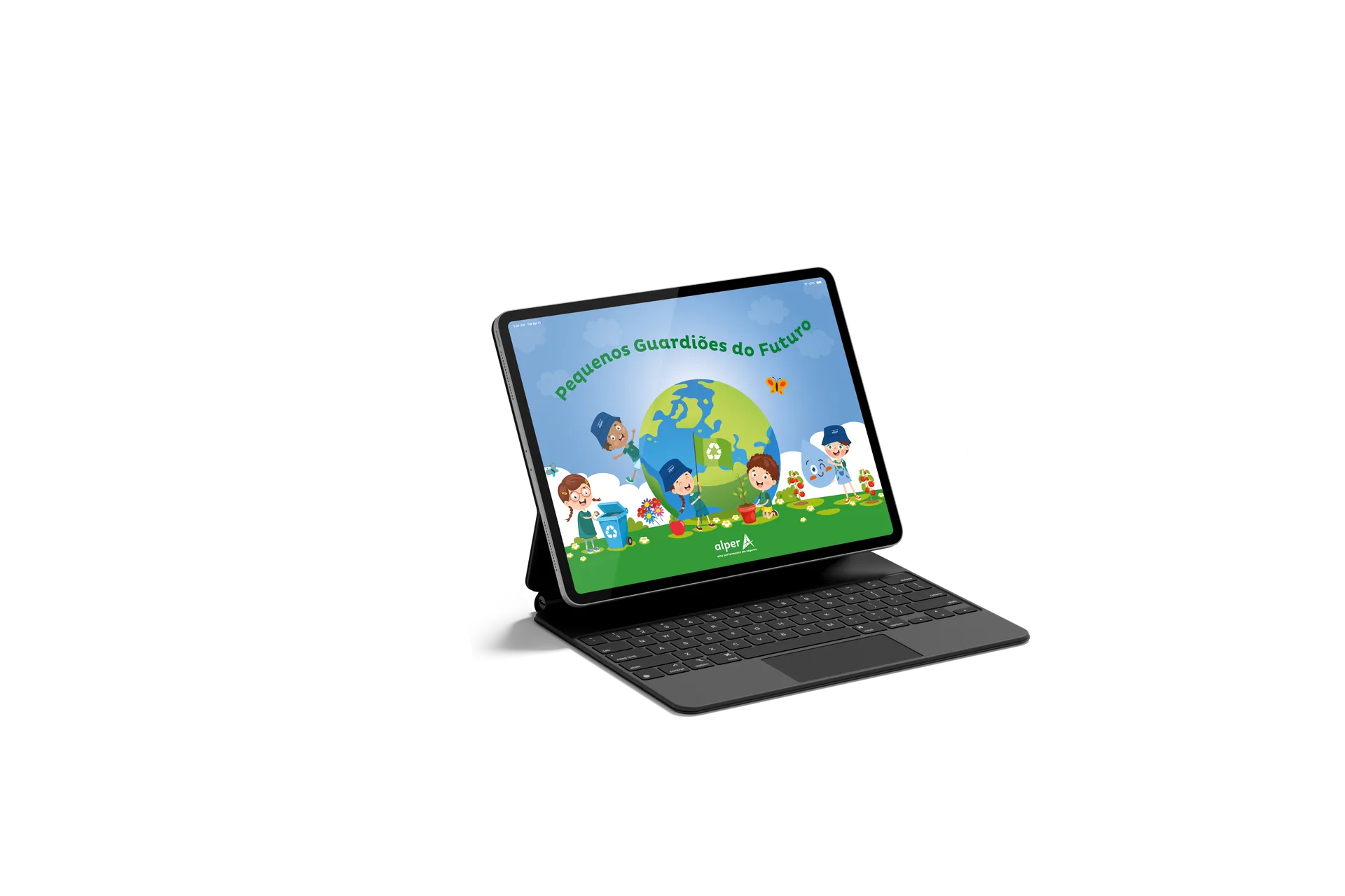 Capa da revista Pequenos Guardiões do Futuro na tela de um tablet
