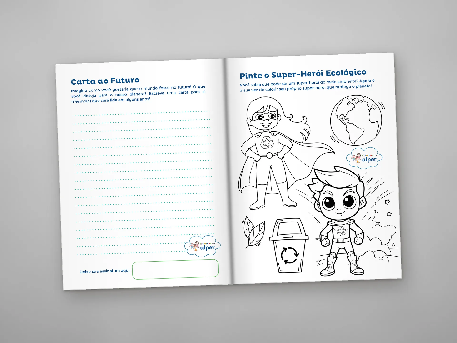 Revista aberta na carta ao futuro e no desenho do super-herói ecológico para pintar