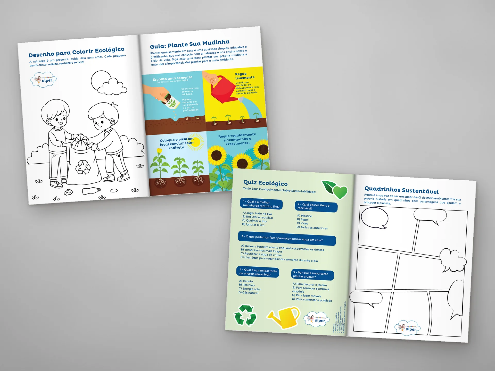 Páginas de atividades da revista: plante sua mudinha, quiz ecológico e quadrinhos
