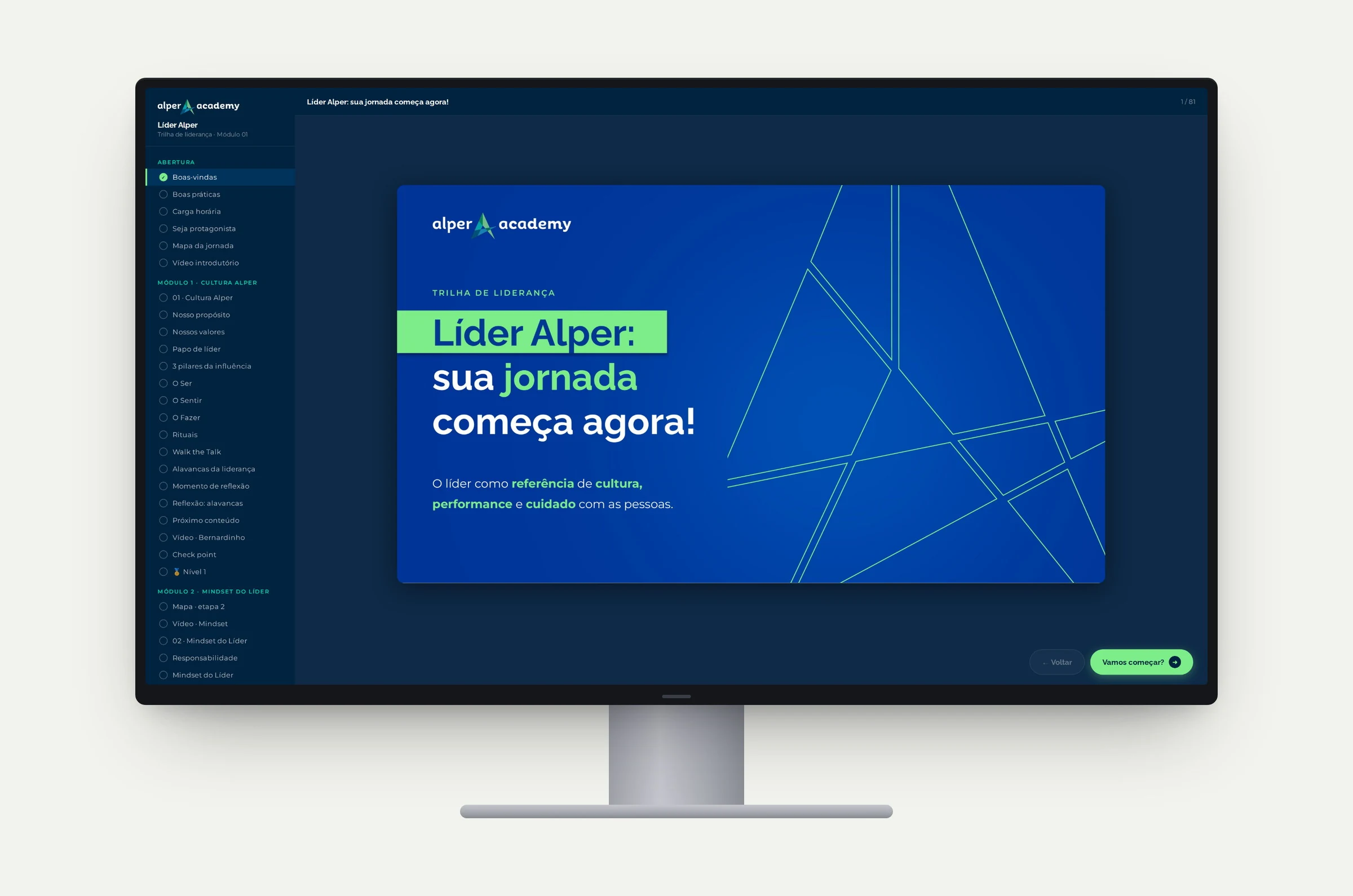 Tela de abertura da trilha em um monitor, com o menu de módulos ao lado
