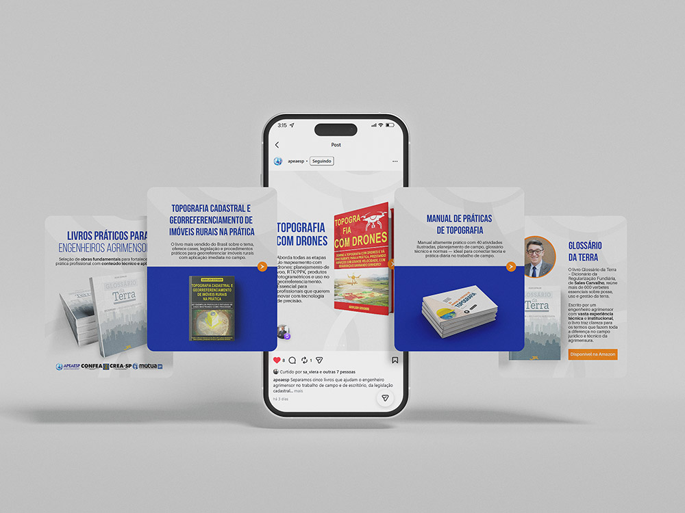 Carrossel da APEAESP com indicações de livros técnicos para engenheiros agrimensores