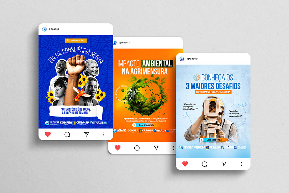 Posts da APEAESP no Instagram sobre consciência negra, impacto ambiental e desafios da agrimensura