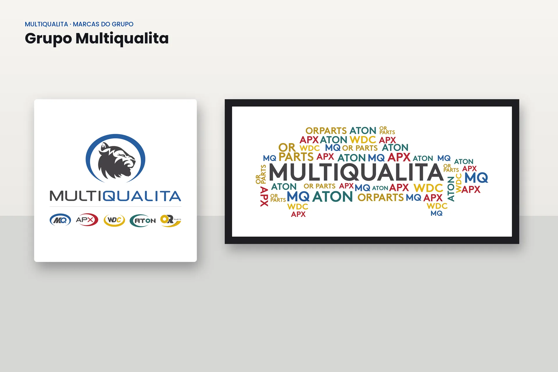 As marcas do grupo Multiqualita, com o símbolo do leão e a nuvem com os nomes das linhas