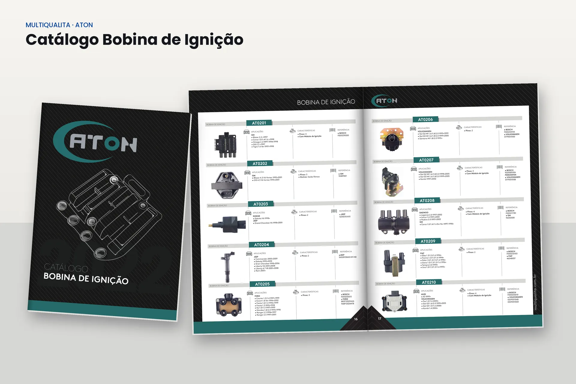 Catálogo de bobina de ignição da ATON, capa e miolo com a tabela de aplicação