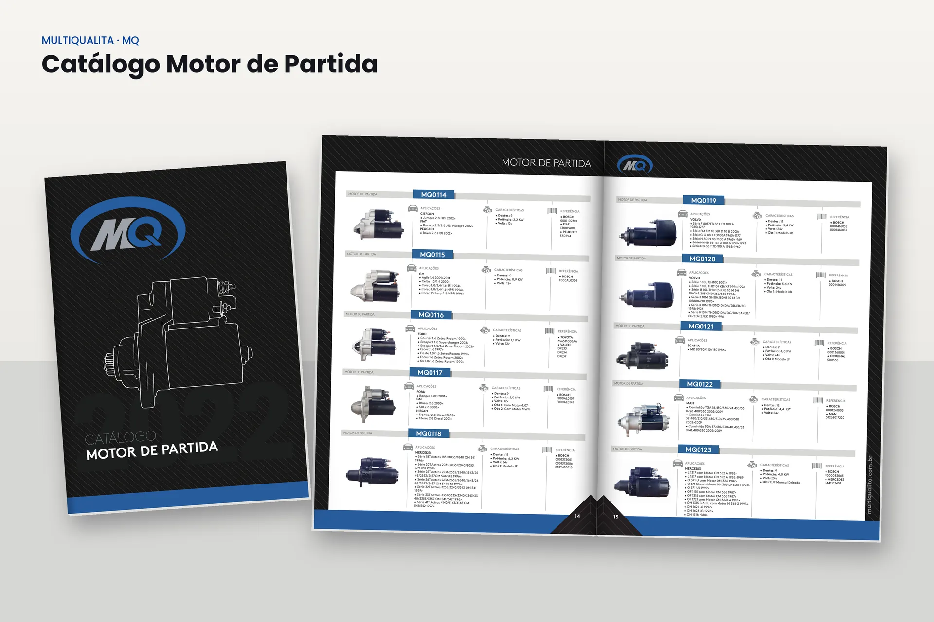 Catálogo de motor de partida da MQ, capa e miolo com a tabela de aplicação