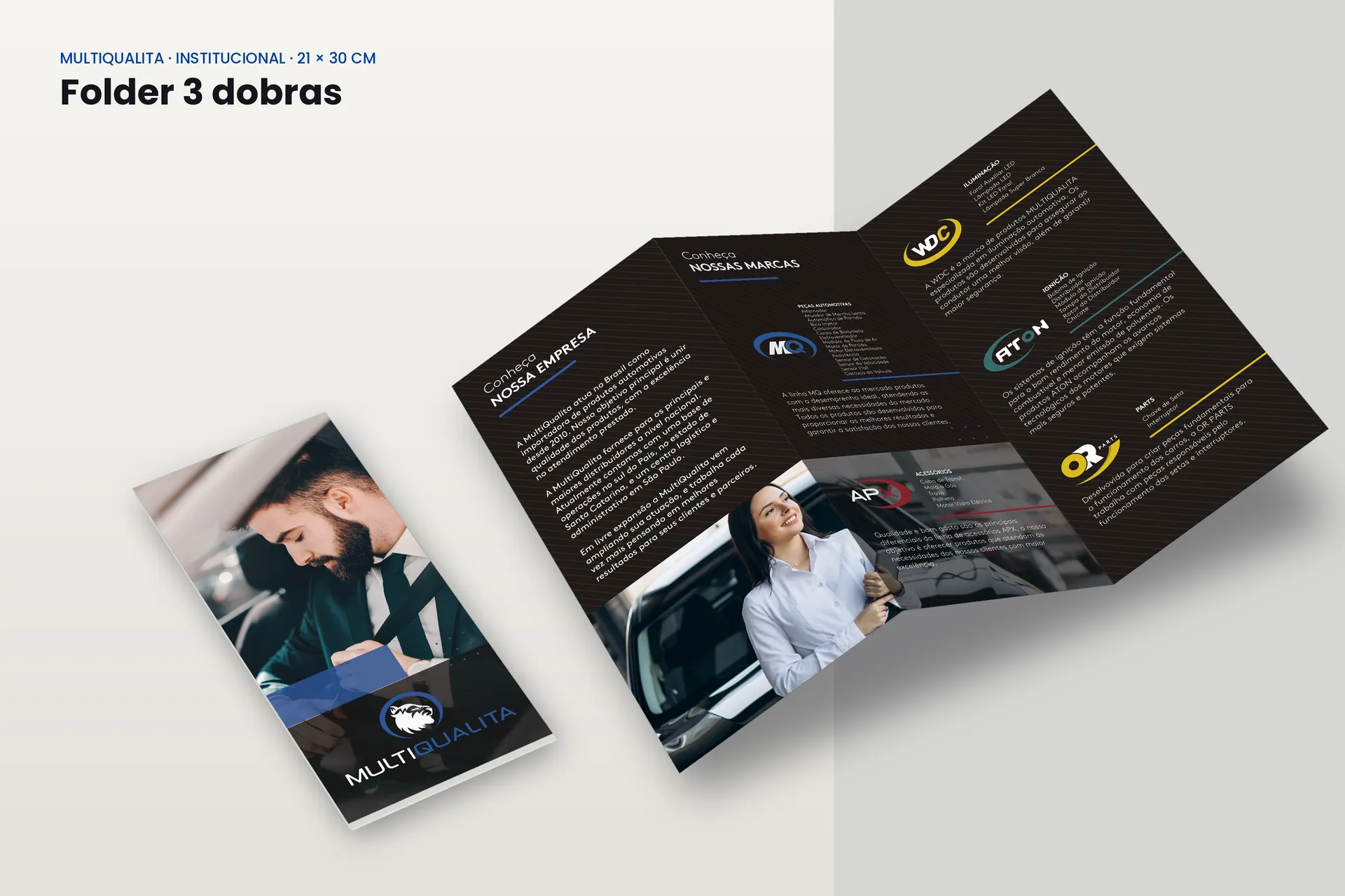 Folder institucional de três dobras, com a empresa e as marcas do grupo