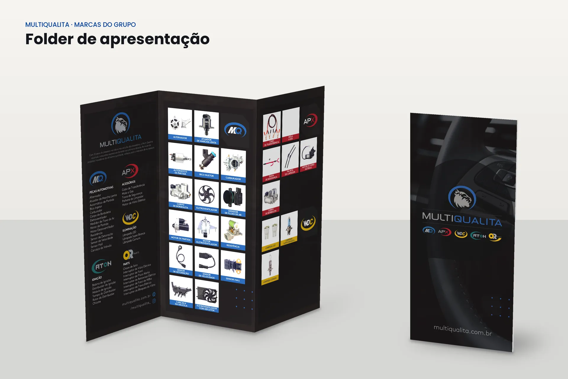 Folder de apresentação aberto, com a grade de produtos das cinco marcas