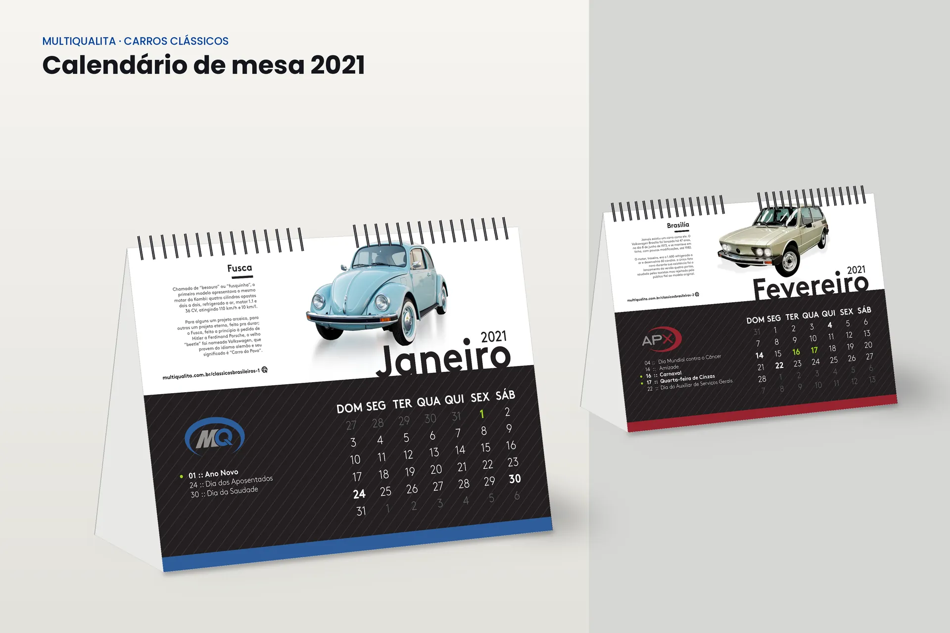 Calendário de mesa de 2021, com carros clássicos