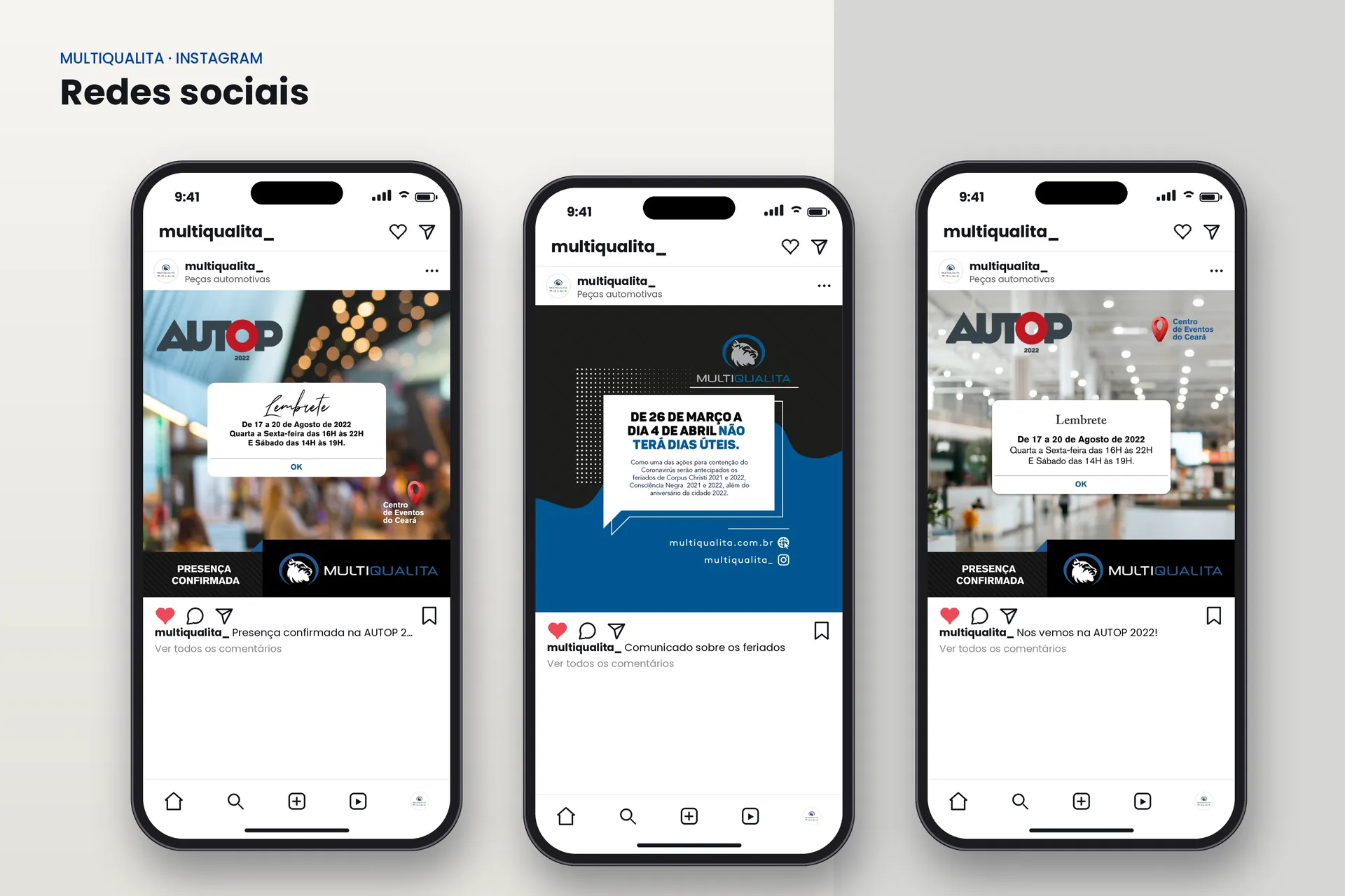 Posts do Instagram da Multiqualita, com a presença na AUTOP e os comunicados