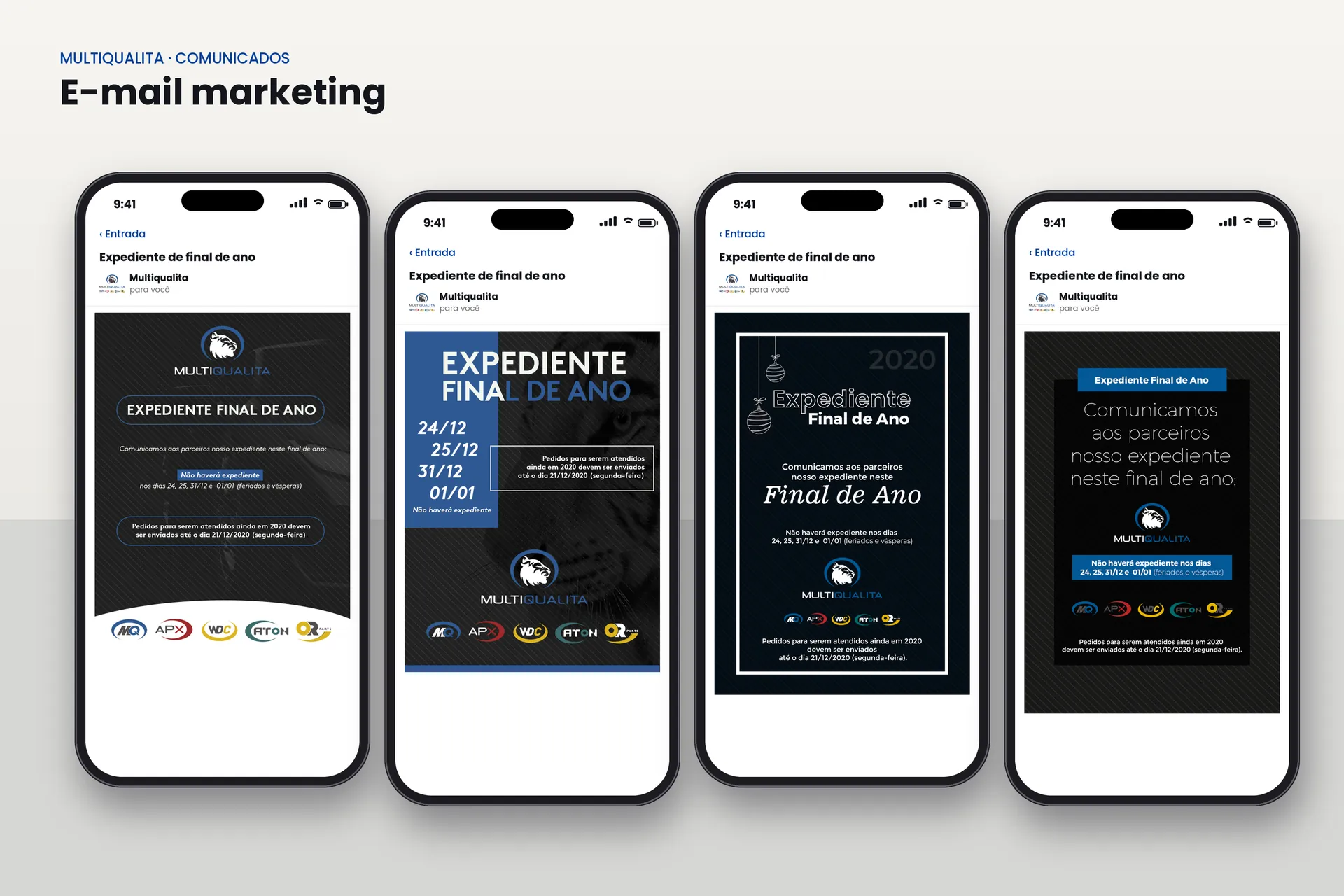 E-mail marketing de comunicado de fim de ano, em quatro versões