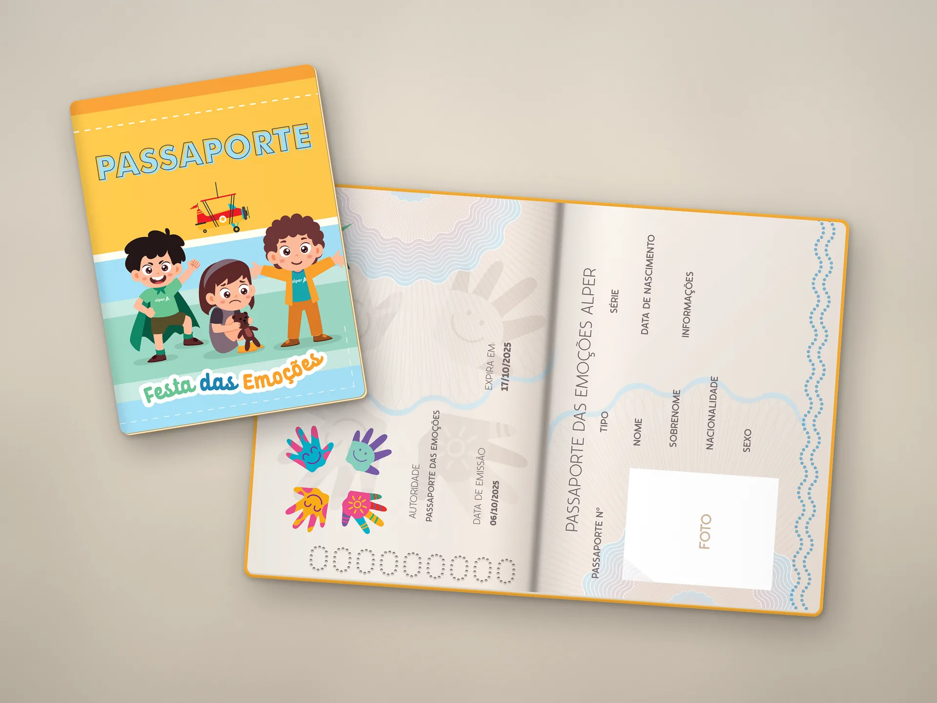 Passaporte da Festa das Emoções, capa e página de identificação