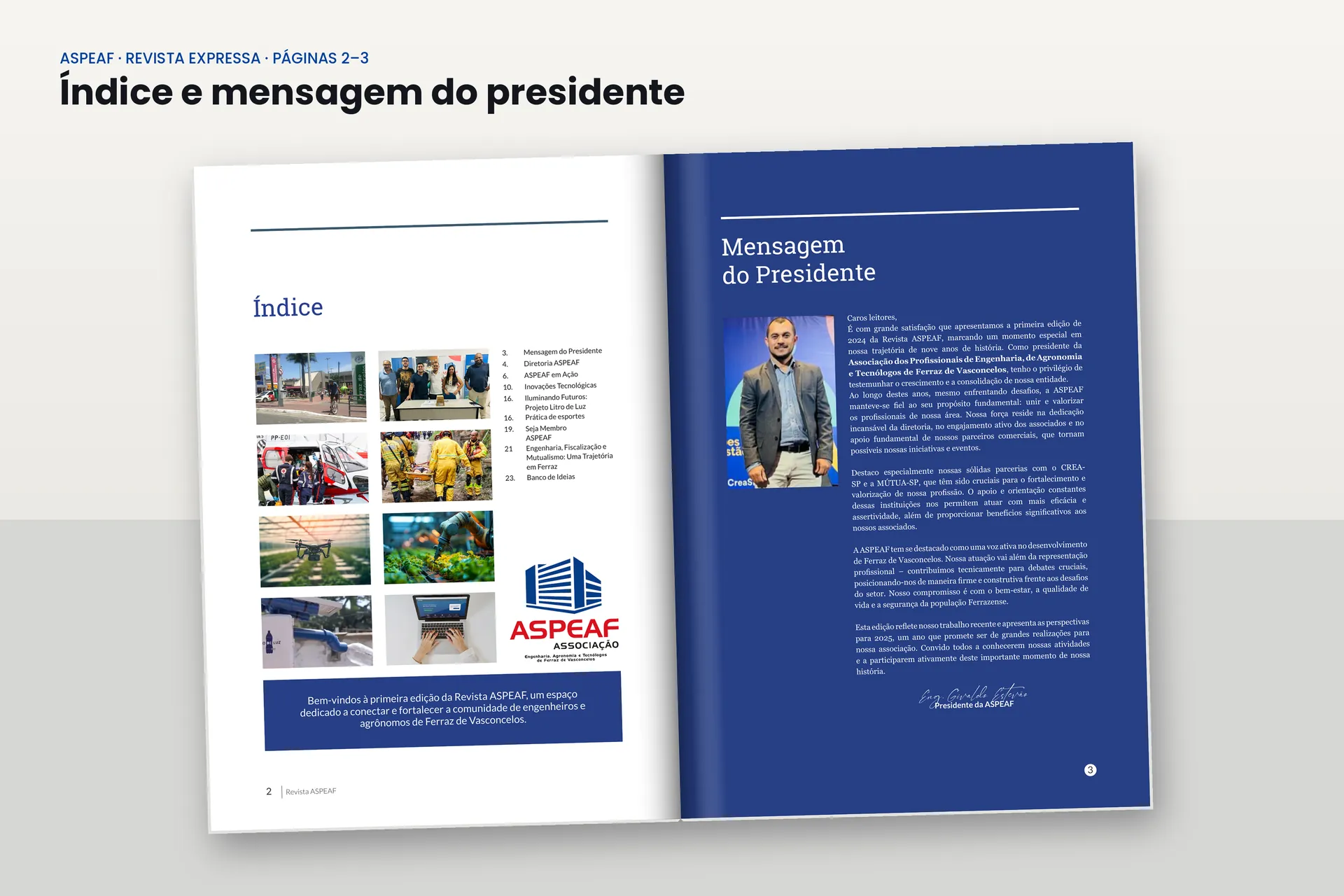 Revista aberta no índice e na mensagem do presidente