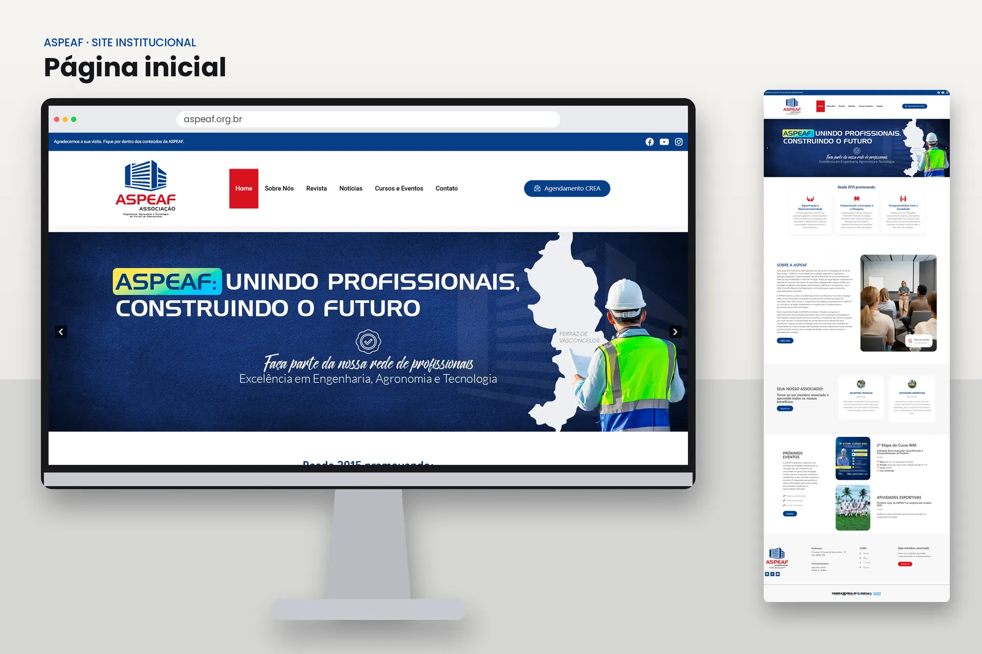 Página inicial do site da ASPEAF, no computador e no celular