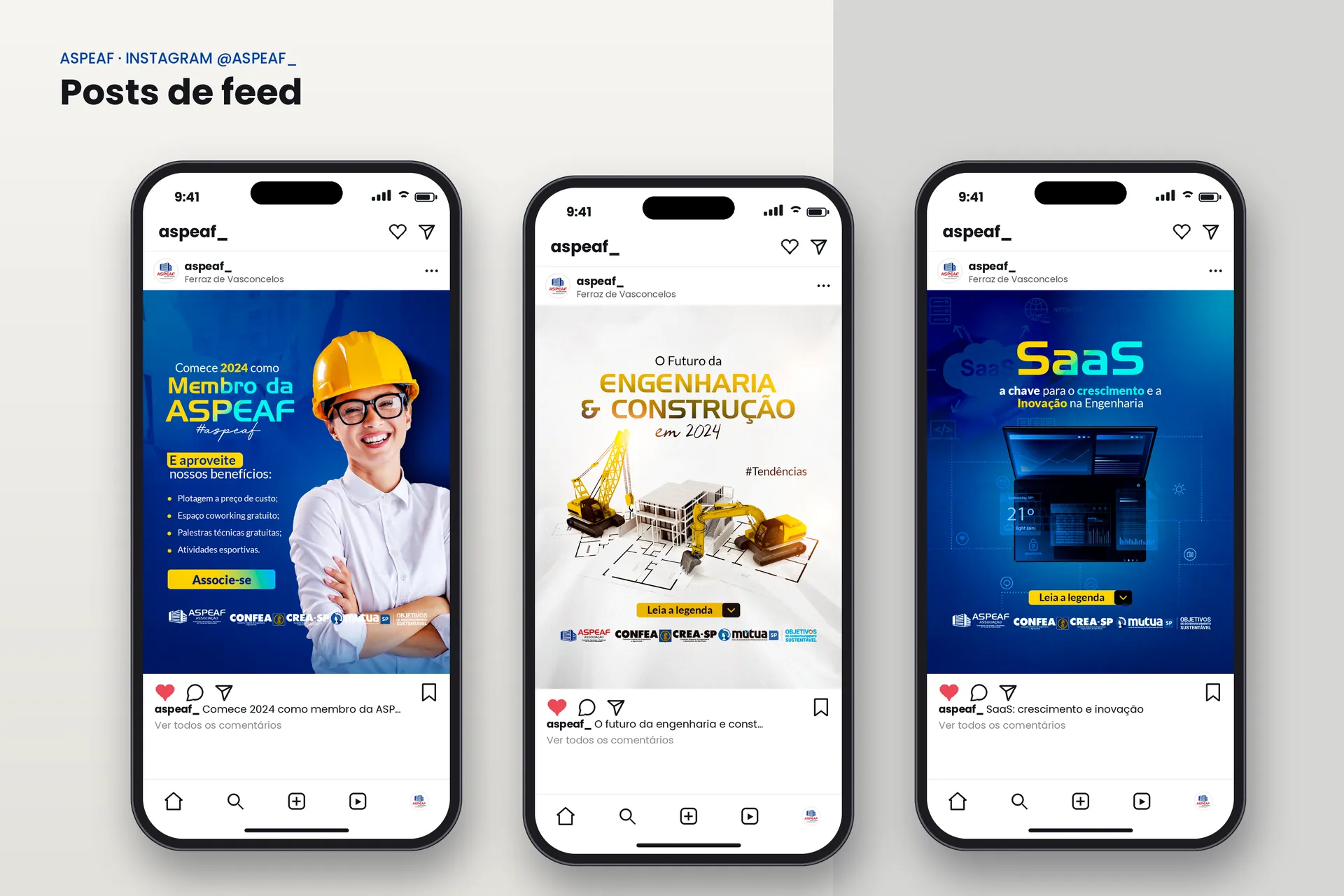 Posts de feed sobre associação, futuro da construção e tecnologia