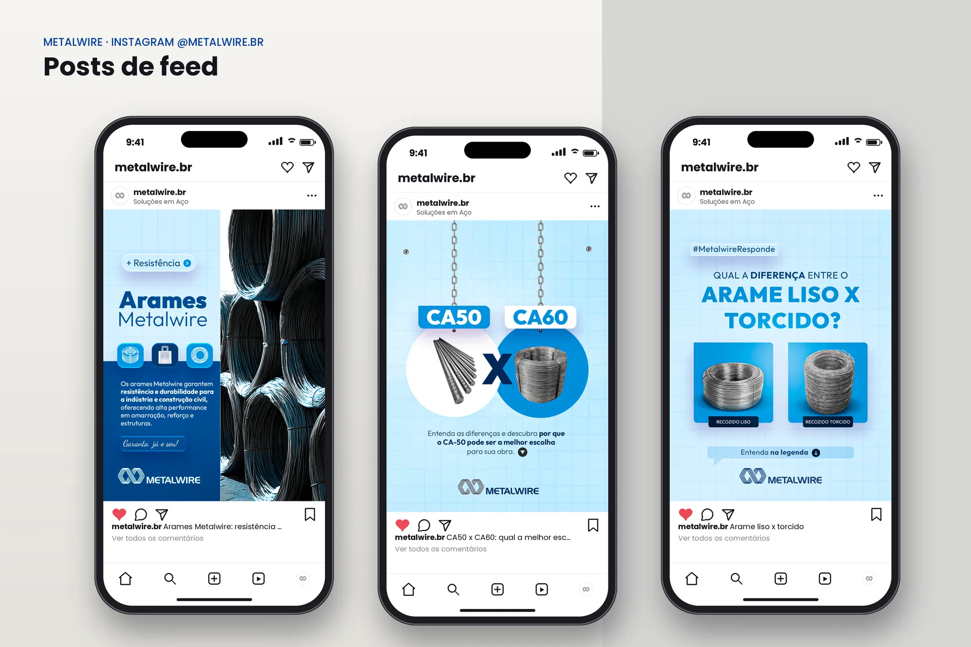 Posts de feed da Metalwire, com conteúdo técnico sobre aço
