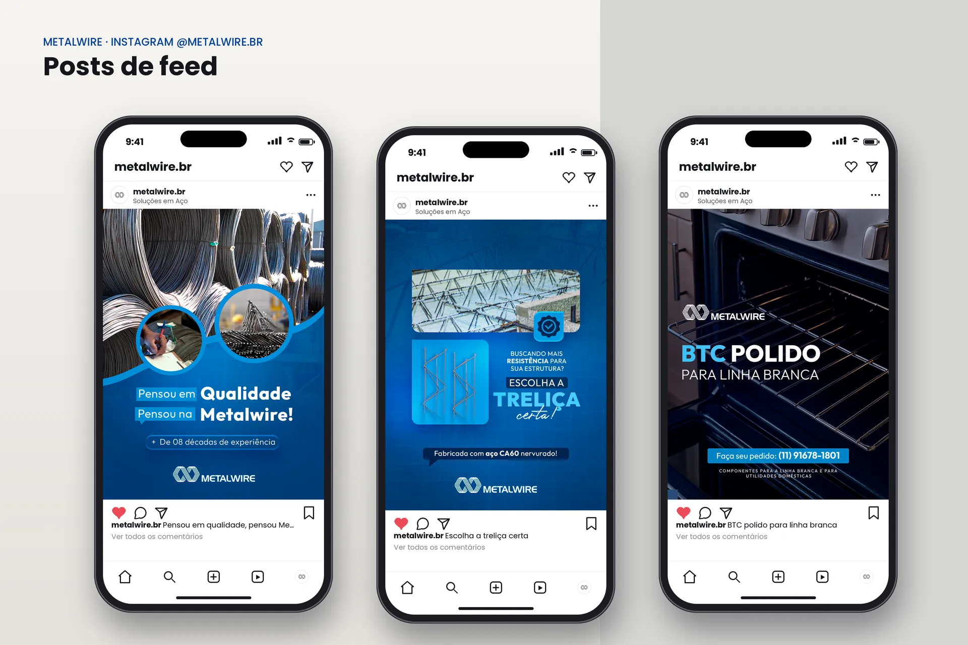 Posts de feed da Metalwire, confrontando dois produtos da linha