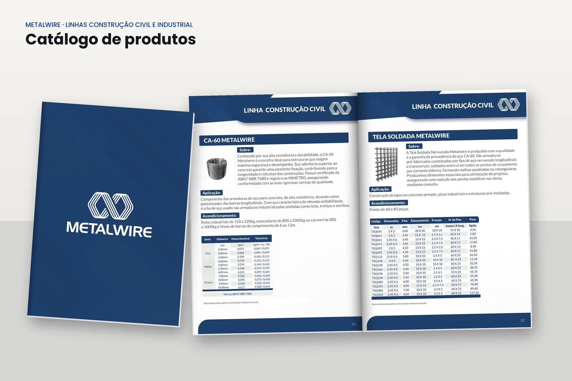 Catálogo de produtos Metalwire aberto, com as linhas de construção civil e industrial