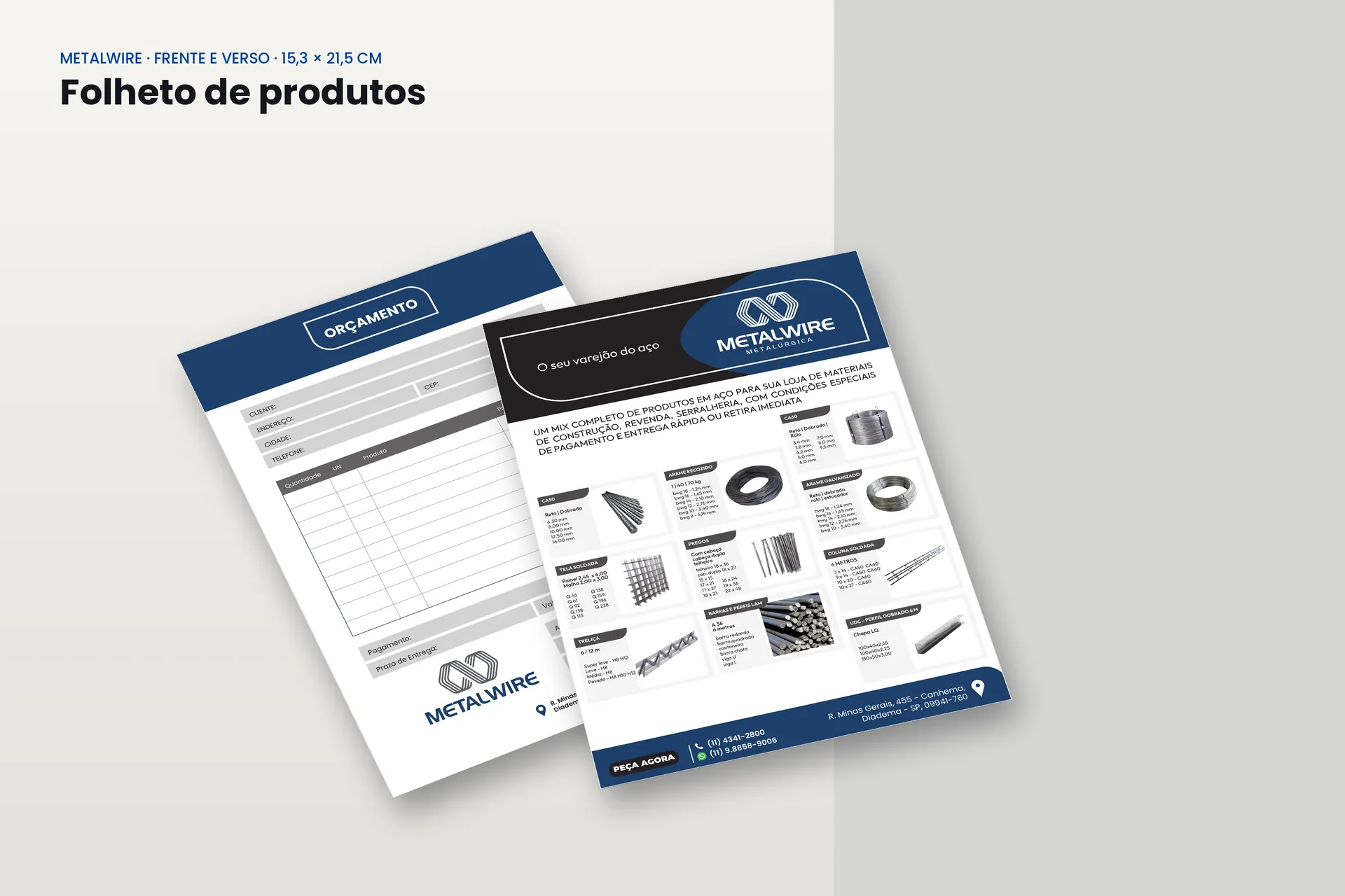 Folheto de produtos Metalwire, frente e verso, 15,3 por 21,5 cm