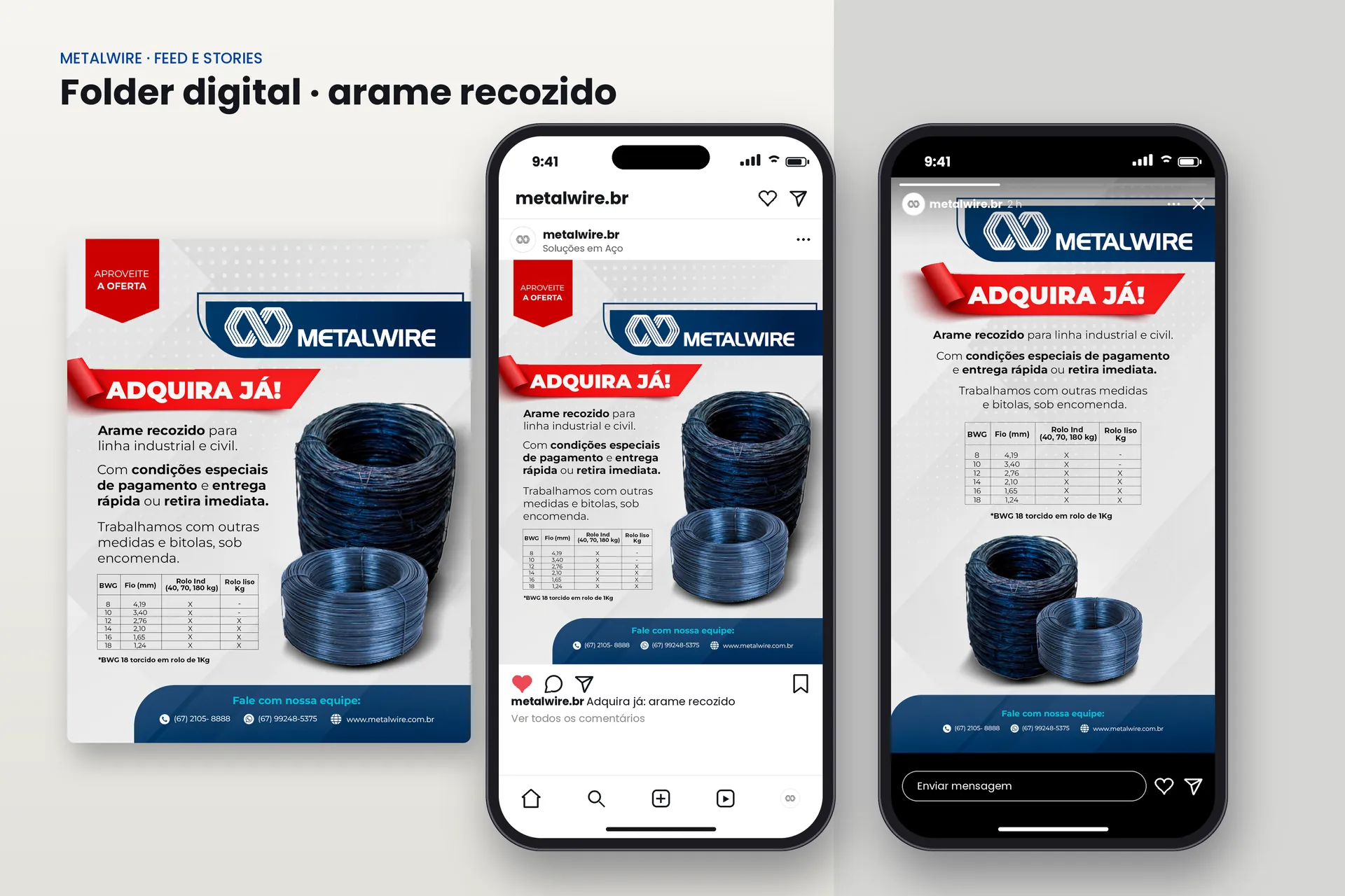 Folder digital de arame recozido da Metalwire, em feed e stories