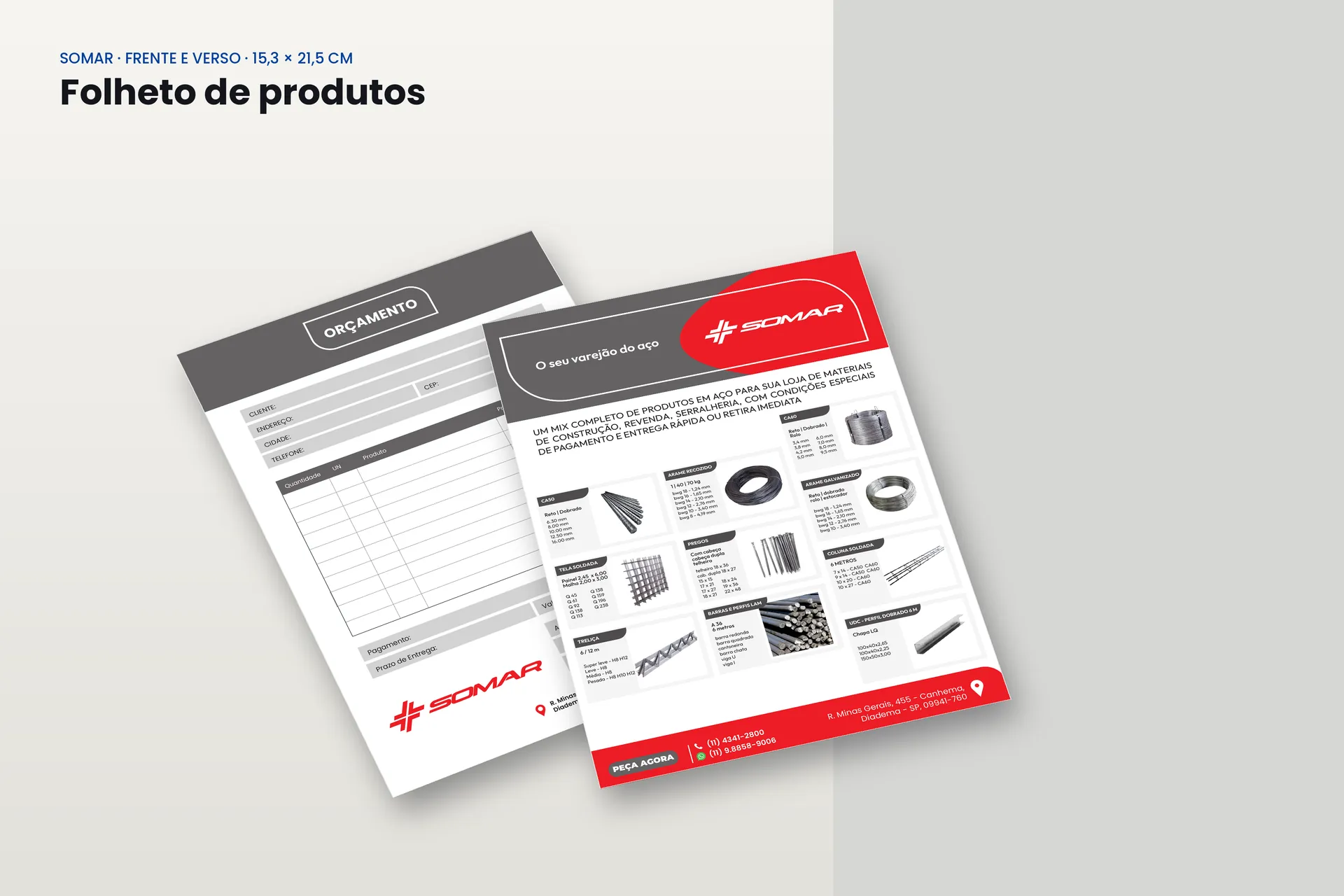 Folheto de produtos da Somar, frente e verso, 15,3 por 21,5 cm